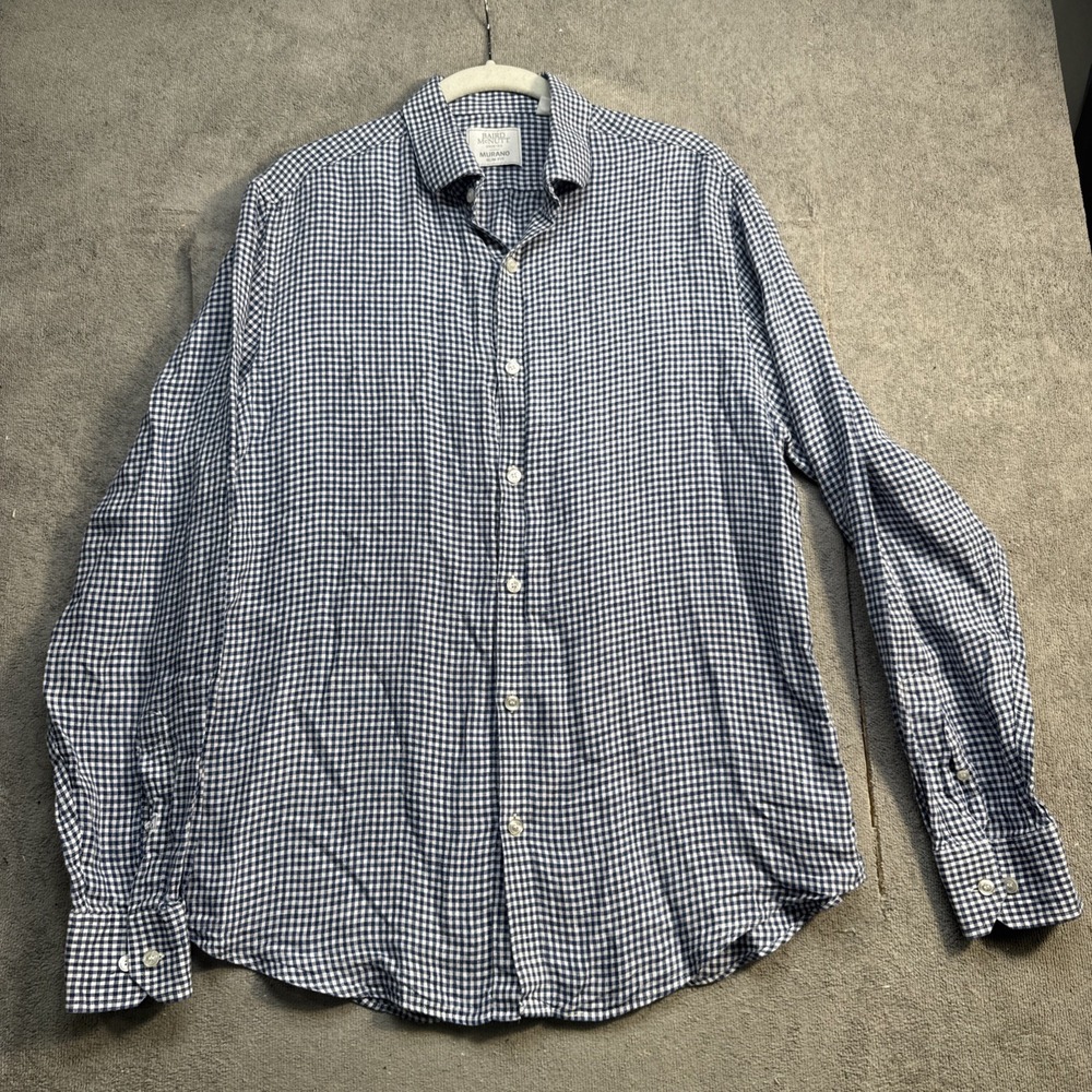 Baird McNutt Linen Men's Blue Gingham‎ Check Slim Fit Button Up Shirt Large